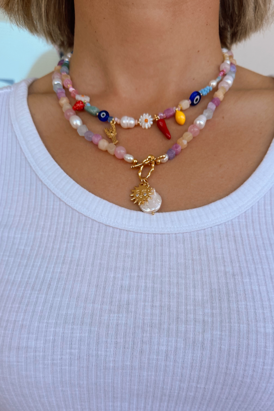 Sherbet Quartz Pearl Sun Fob Necklace