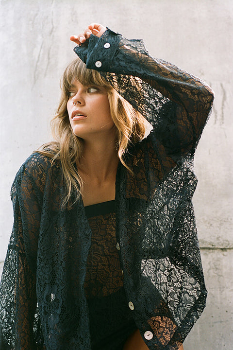 Maggie Long Sleeve Crop - Black Lace