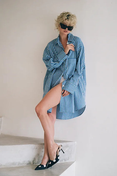 Classic Oversized Boyfriend Shirt - Blue & White Stripe