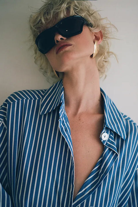 Classic Oversized Boyfriend Shirt - Blue & White Stripe