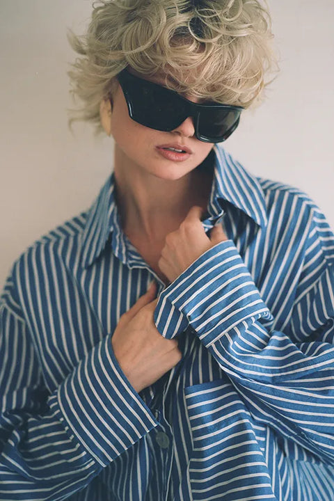 Classic Oversized Boyfriend Shirt - Blue & White Stripe