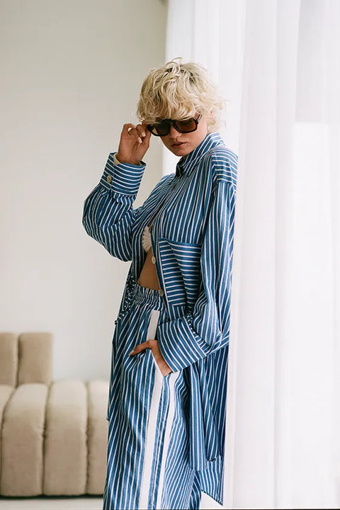 Classic Oversized Boyfriend Shirt - Blue & White Stripe