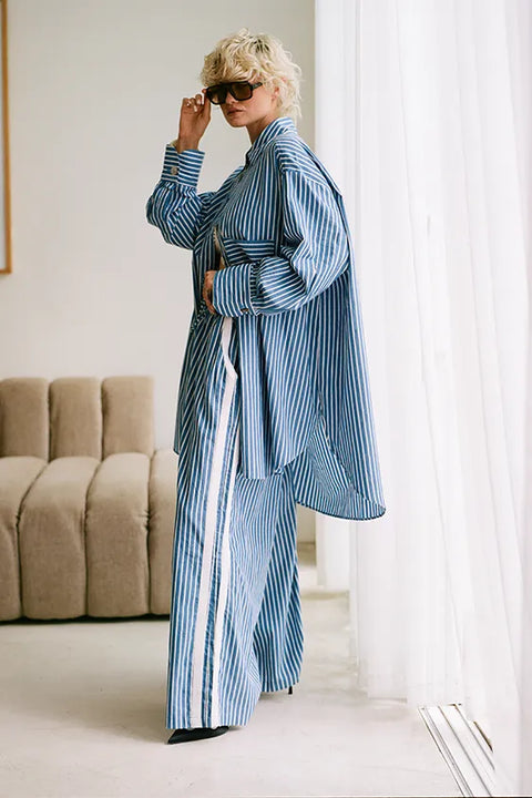 Classic Oversized Boyfriend Shirt - Blue & White Stripe