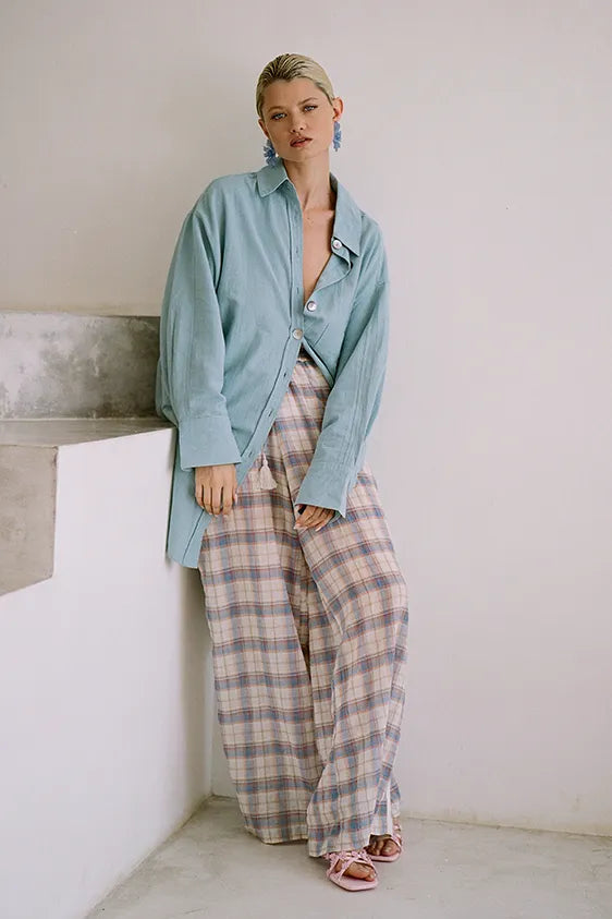Safari Paperbag Pant - Blue Check Racer Stripe