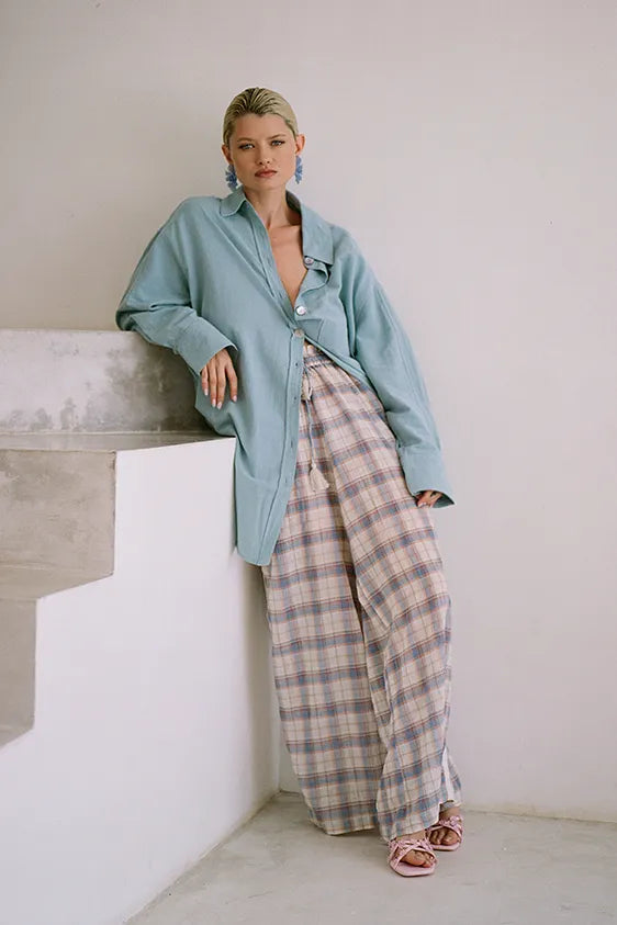 Safari Paperbag Pant - Blue Check Racer Stripe