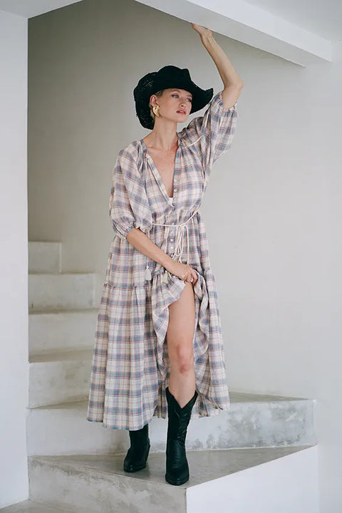 Midi Smock Dress - Blue Check