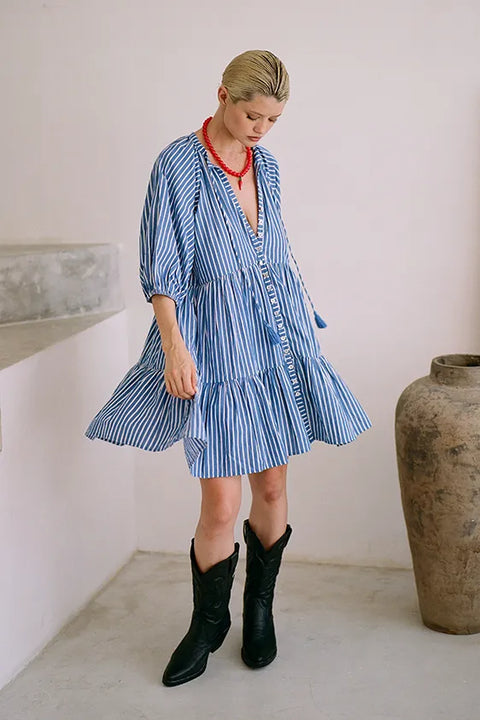 Mini Smock Dress - Blue & White Stripe