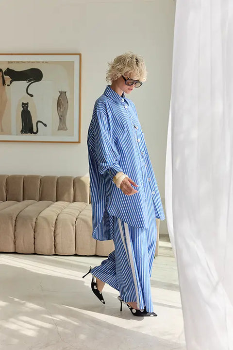 Classic Oversized Boyfriend Shirt - Blue & White Stripe