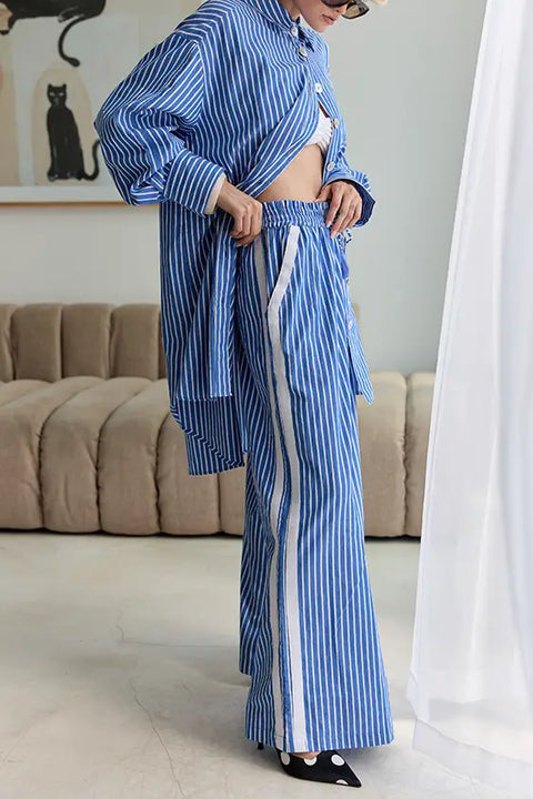 Classic Oversized Boyfriend Shirt - Blue & White Stripe
