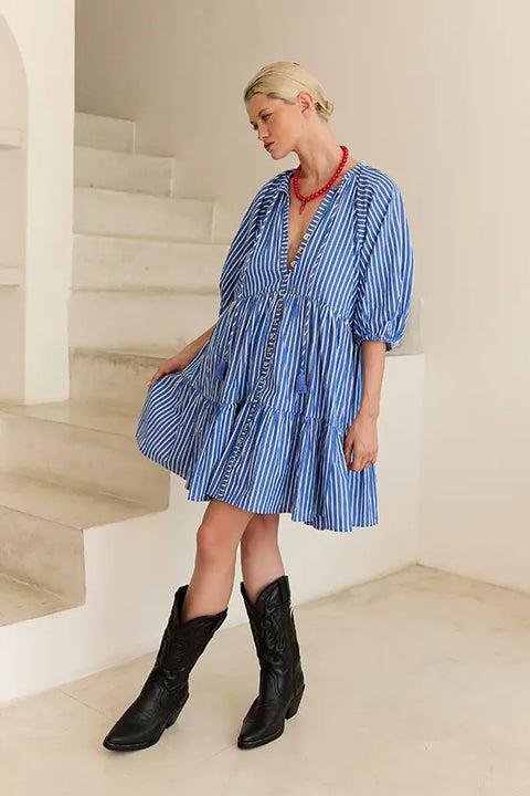 Mini Smock Dress - Blue & White Stripe