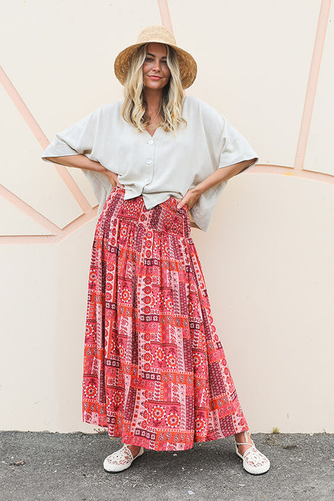 Everyday Shirred Skirt - Patchwork Red