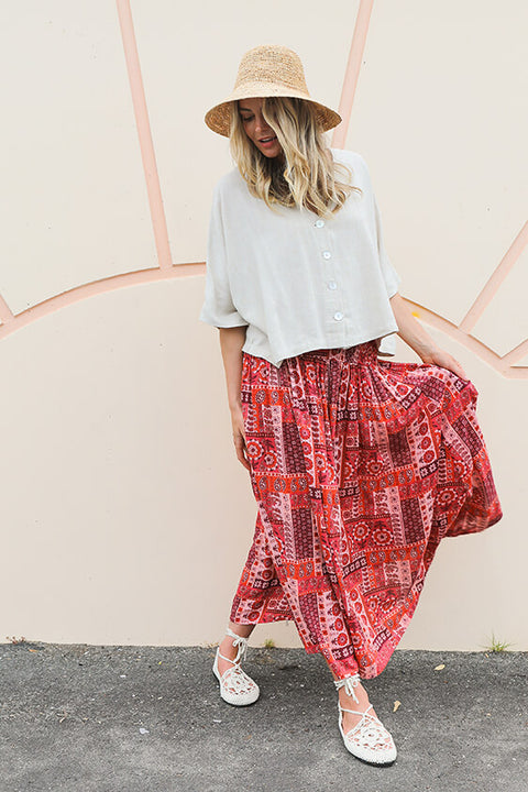 Everyday Shirred Skirt - Patchwork Red