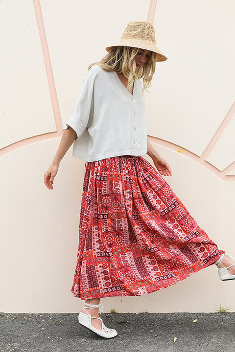 Everyday Shirred Skirt - Patchwork Red