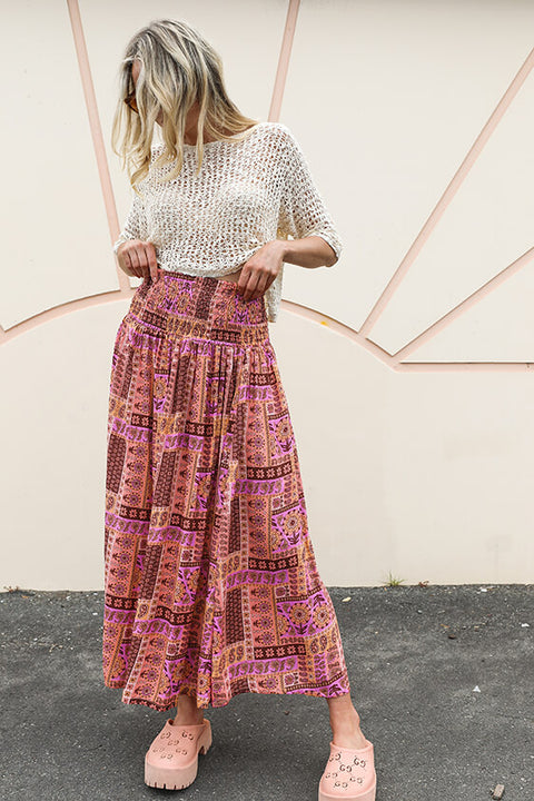 Everyday Shirred Skirt - Patchwork Lilac/Peach