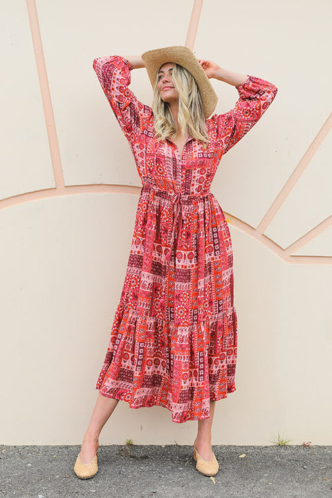 Spring Drawstring Midi Dress - Patchwork Red