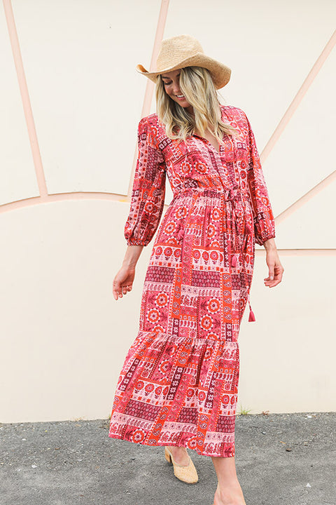 Spring Drawstring Midi Dress - Patchwork Red