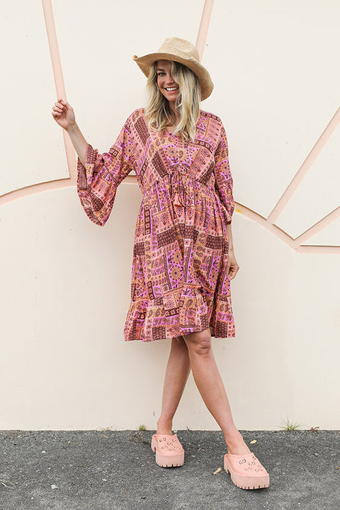 Summer Brunch Tunic Dress - Patchwork Lilac/Peach