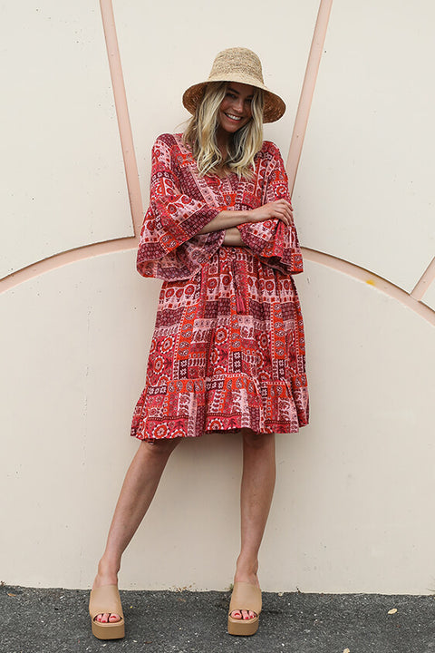 Summer Brunch Tunic Dress - Patchwork Red