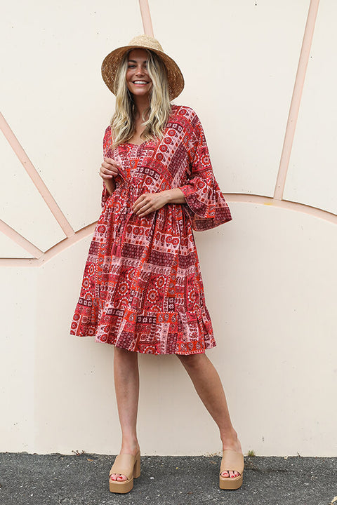 Summer Brunch Tunic Dress - Patchwork Red