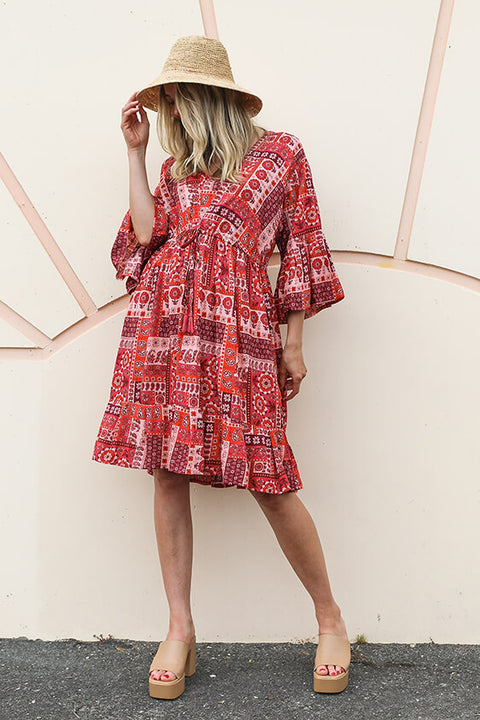 Summer Brunch Tunic Dress - Patchwork Red