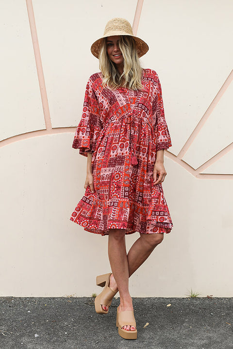 Summer Brunch Tunic Dress - Patchwork Red