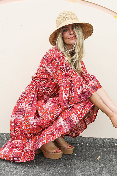 Summer Brunch Tunic Dress - Patchwork Red