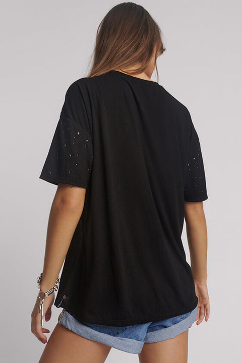 Studded Night Sky Linen Tee - Black