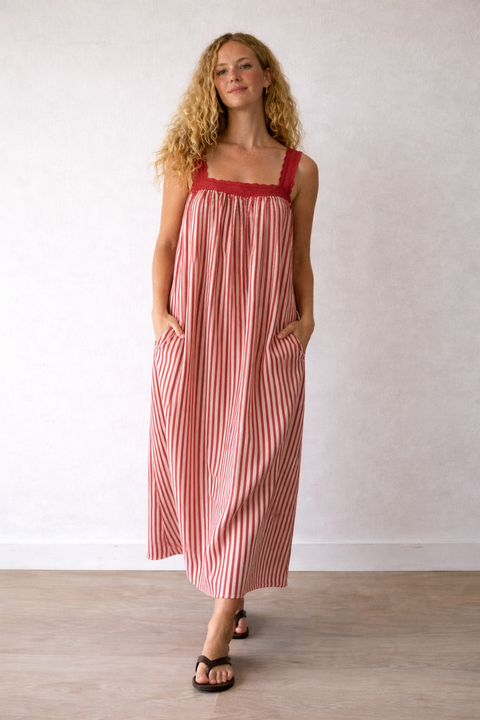 Juno Lace Neck Maxi Slip Dress - Wine + Pink Stripe