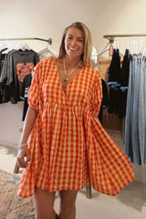 Chloe Puff Sleeve Gingham Smock - Tomato