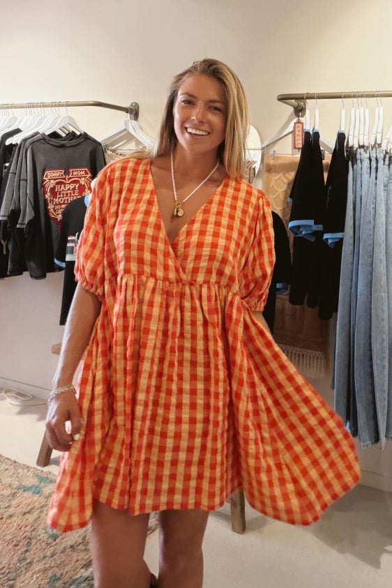 Chloe Puff Sleeve Gingham Smock - Tomato