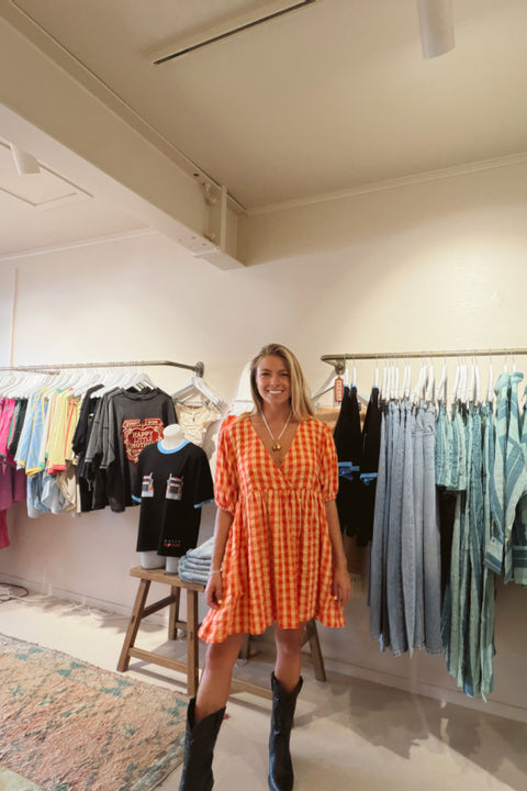 Chloe Puff Sleeve Gingham Smock - Tomato