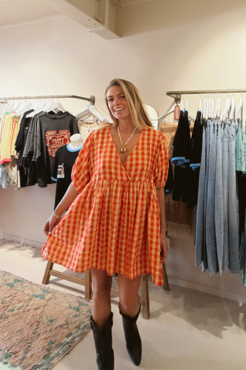 Chloe Puff Sleeve Gingham Smock - Tomato