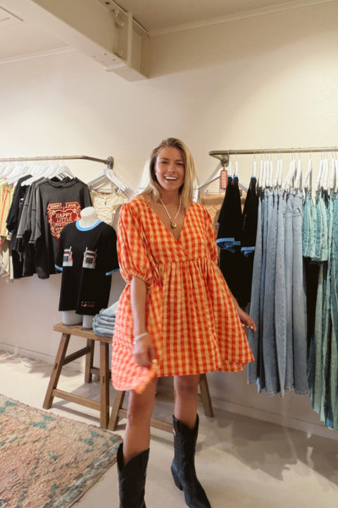 Chloe Puff Sleeve Gingham Smock - Tomato