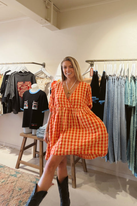 Chloe Puff Sleeve Gingham Smock - Tomato