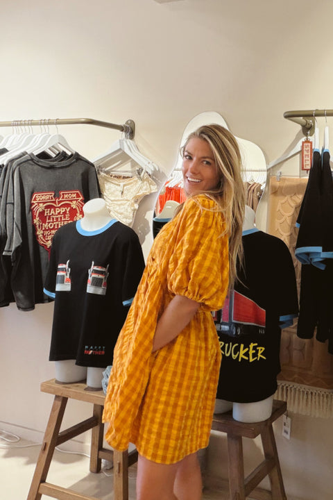 Chloe Puff Sleeve Gingham Smock - Mustard Cinnamon