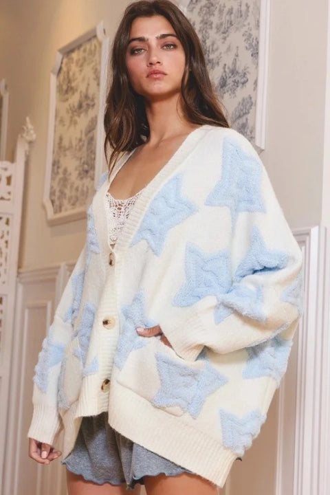 Star Oversized Cardi - Off White and Baby Blue