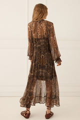 Damask Button Through Gown - Walnut Brown
