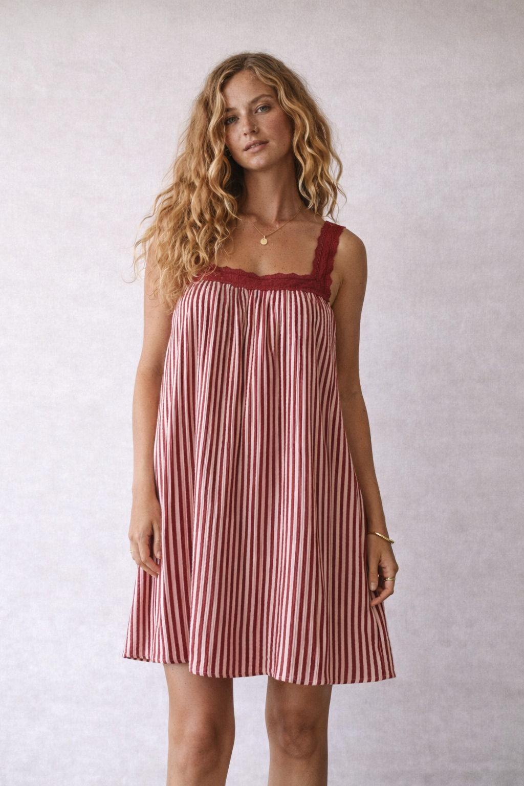 Juno Lace Neck Mini Dress - Wine + Pink Stripe