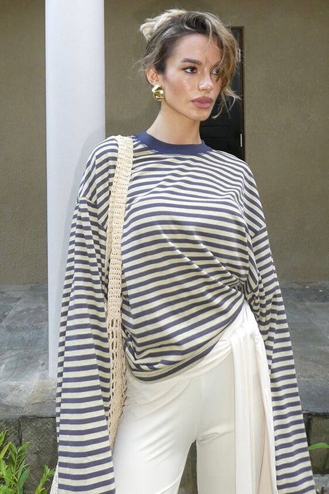 Bloom Long Sleeve Top - Beige Stripe