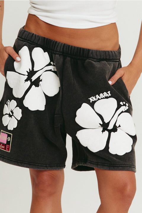 The Happy Hibiscus Trackie Short - Black