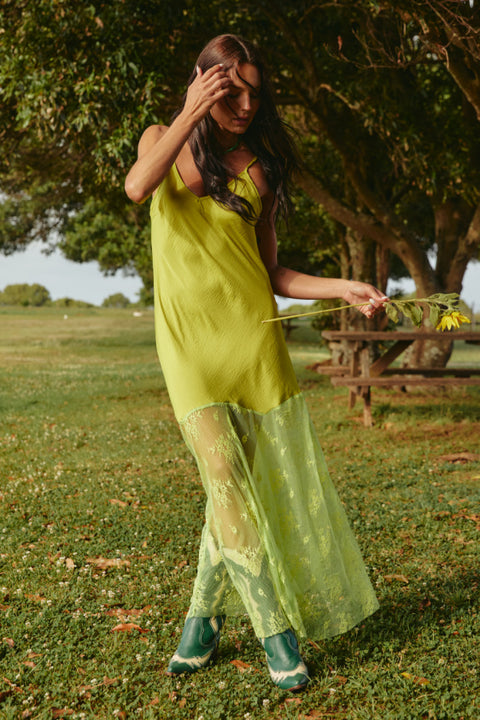 The Lace Maxi Slip Dress -  Chartreuse