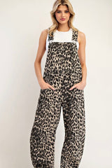 Leopard Print Barrel Leg Overalls