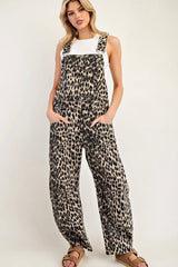 Leopard Print Barrel Leg Overalls