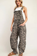 Leopard Print Barrel Leg Overalls