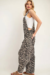 Leopard Print Barrel Leg Overalls