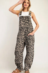Leopard Print Barrel Leg Overalls