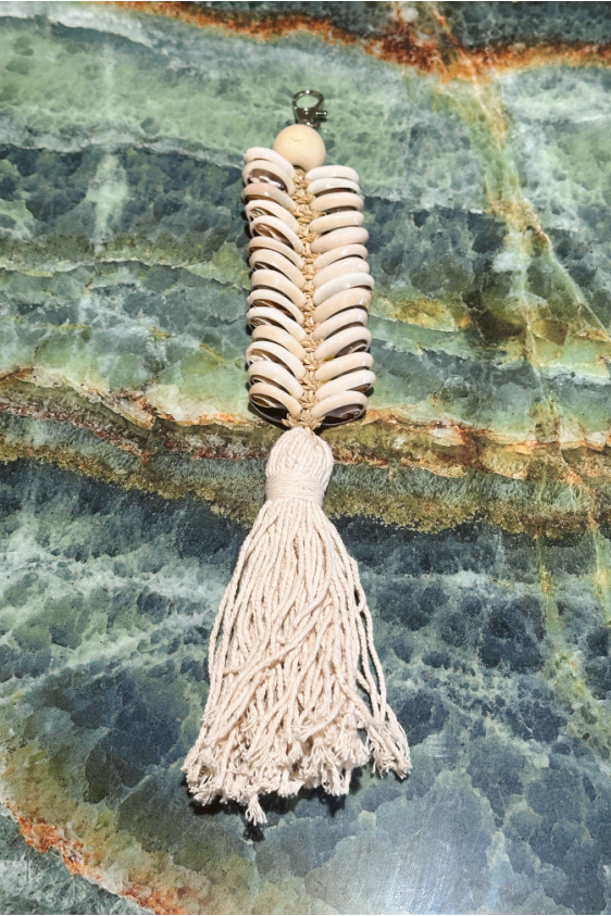 Large Cotton Tassel and Double Cowrie Shell Keyring