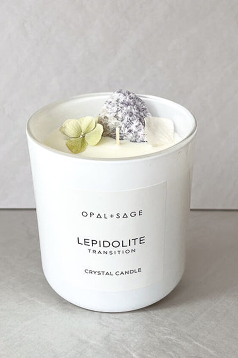 Lepidolite Crystal Candle - Large White Gloss