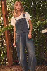 Washed Denim Barrel Overalls