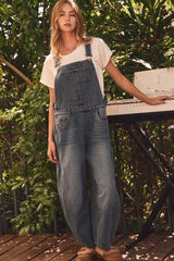 Washed Denim Barrel Overalls